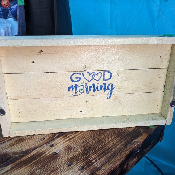 Handmade Wood Tray Hand Crafted Good Morning with Handles - Picture 9 of 10